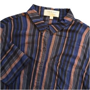 Cloth‎ & Stone Striped Button Up Short Sleeve Shirt Frayed Hem Sz Large